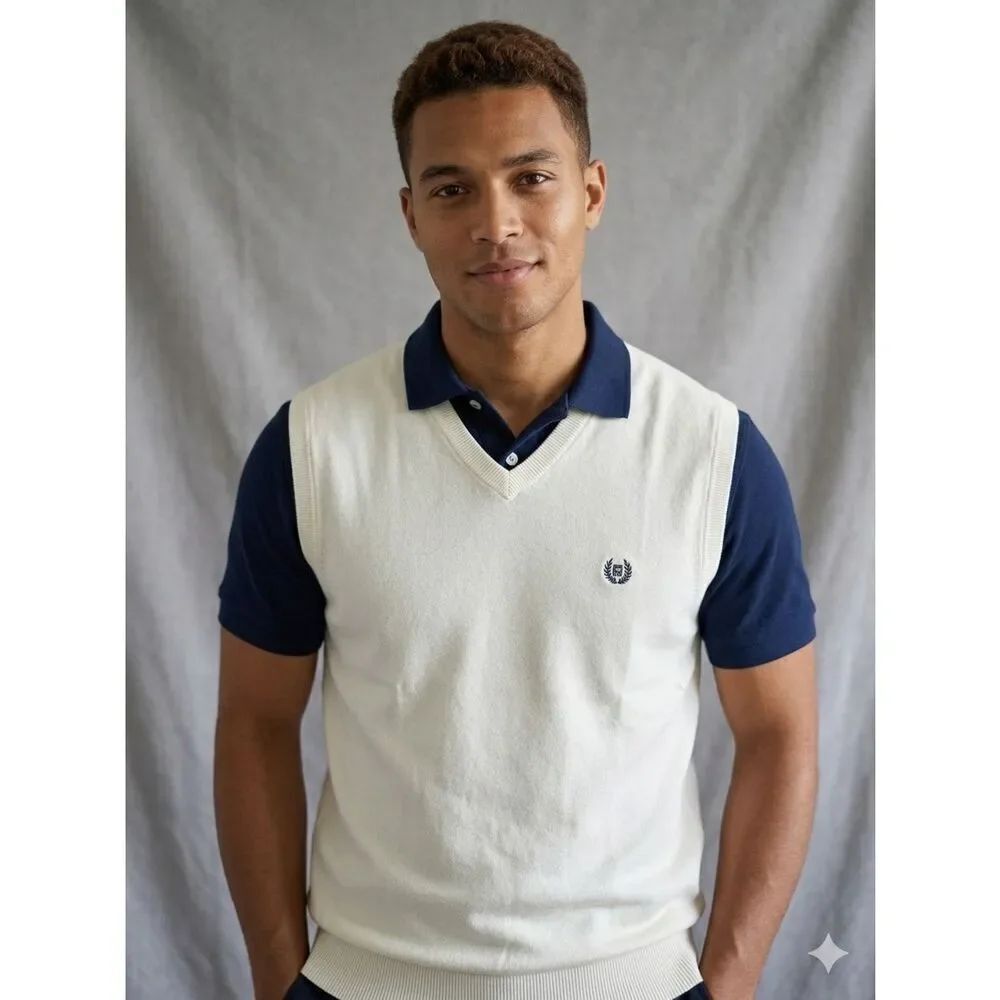 Chaps Mens V-Neck Sweater Vest Medium M Cream Off White 100% Cotton Crest Logo